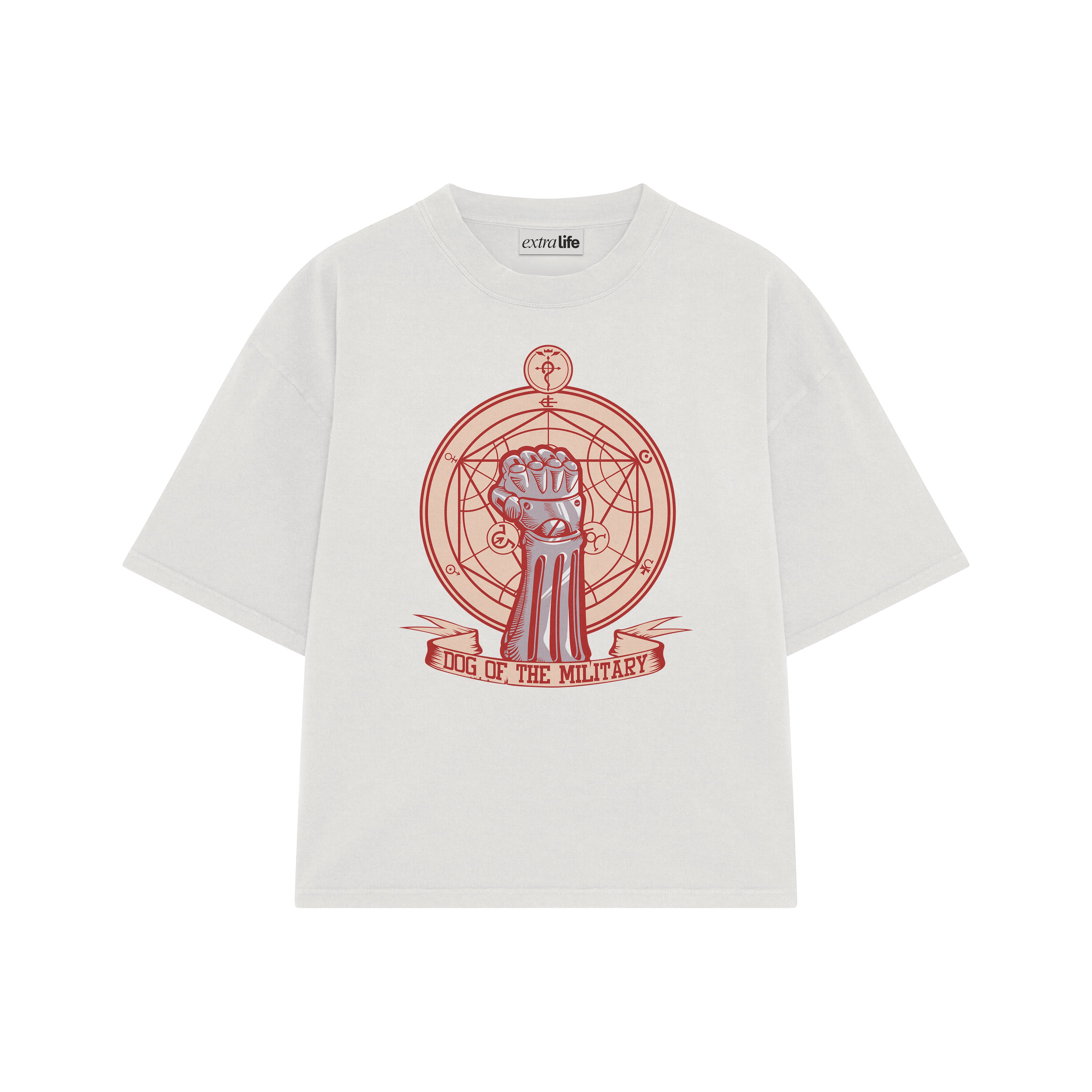 Playera streetwear premium de anime y gaming ExtraLife MX, corte boxy oversized drop shoulder heavyweight en color Deep Black y Off-White, moda urbana mexicana de culto.