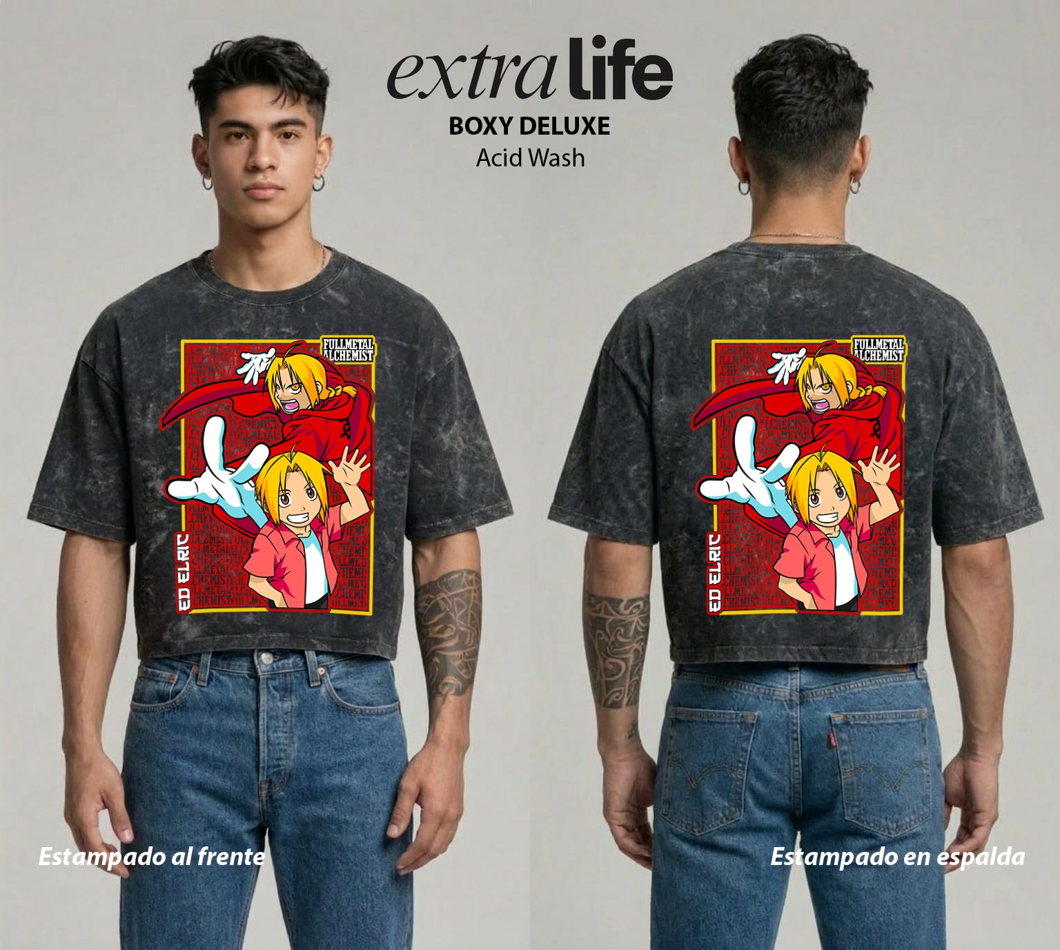 Playera streetwear premium de anime y gaming ExtraLife MX, corte boxy deluxe mineral wash heavyweight en color Acid Wash, moda urbana mexicana de culto.