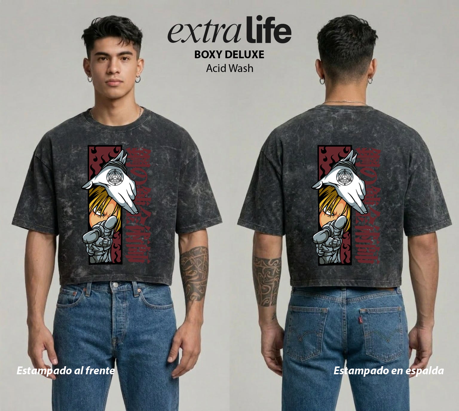 Playera streetwear premium de anime y gaming ExtraLife MX, corte boxy deluxe mineral wash heavyweight en color Acid Wash, moda urbana mexicana de culto.