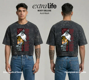 Playera streetwear premium de anime y gaming ExtraLife MX, corte boxy deluxe mineral wash heavyweight en color Acid Wash, moda urbana mexicana de culto.