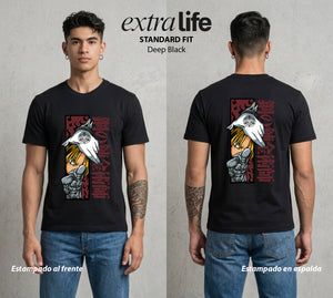 El Precio de la Alquimia | La Equivalencia del Filo #01494 - Playera Standard Fit | Deep Black - Foto en modelo