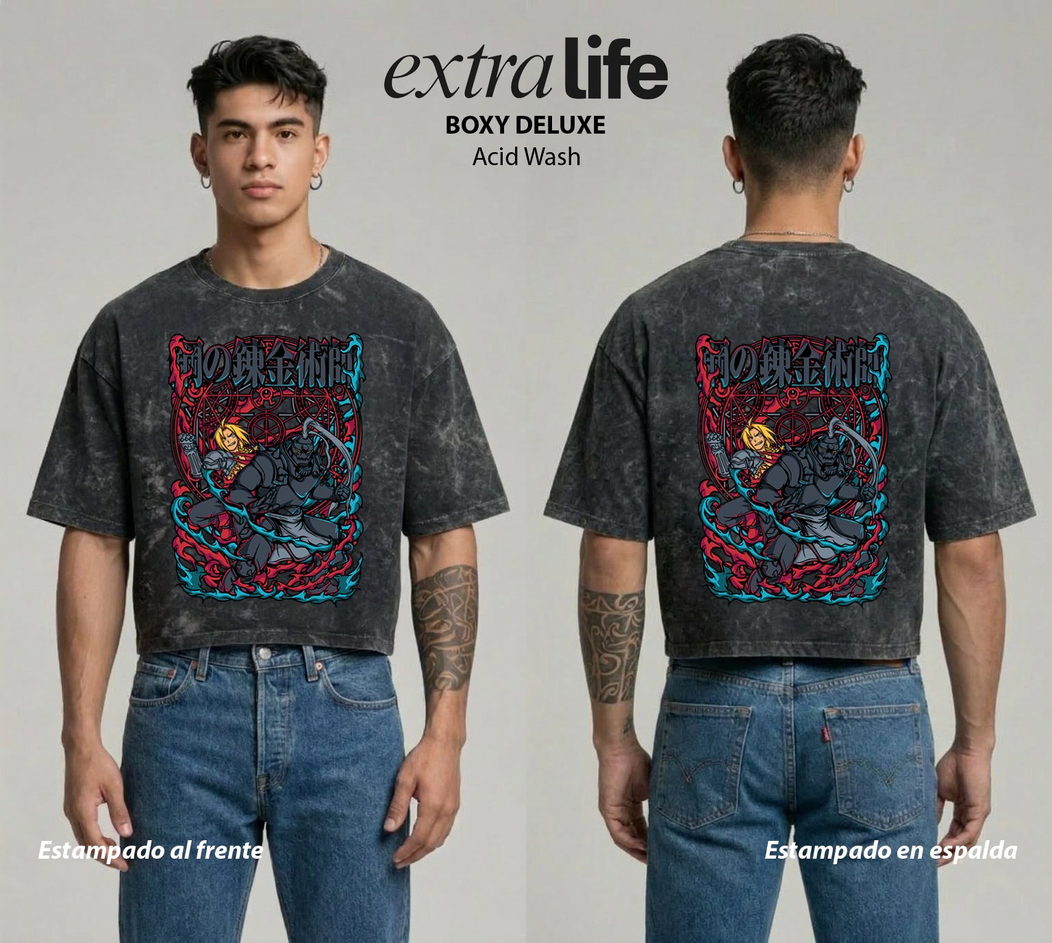 Playera streetwear premium de anime y gaming ExtraLife MX, corte boxy deluxe mineral wash heavyweight en color Acid Wash, moda urbana mexicana de culto.