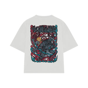 Playera streetwear premium de anime y gaming ExtraLife MX, corte boxy oversized drop shoulder heavyweight en color Deep Black y Off-White, moda urbana mexicana de culto.