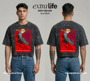 Playera streetwear premium de anime y gaming ExtraLife MX, corte boxy deluxe mineral wash heavyweight en color Acid Wash, moda urbana mexicana de culto.