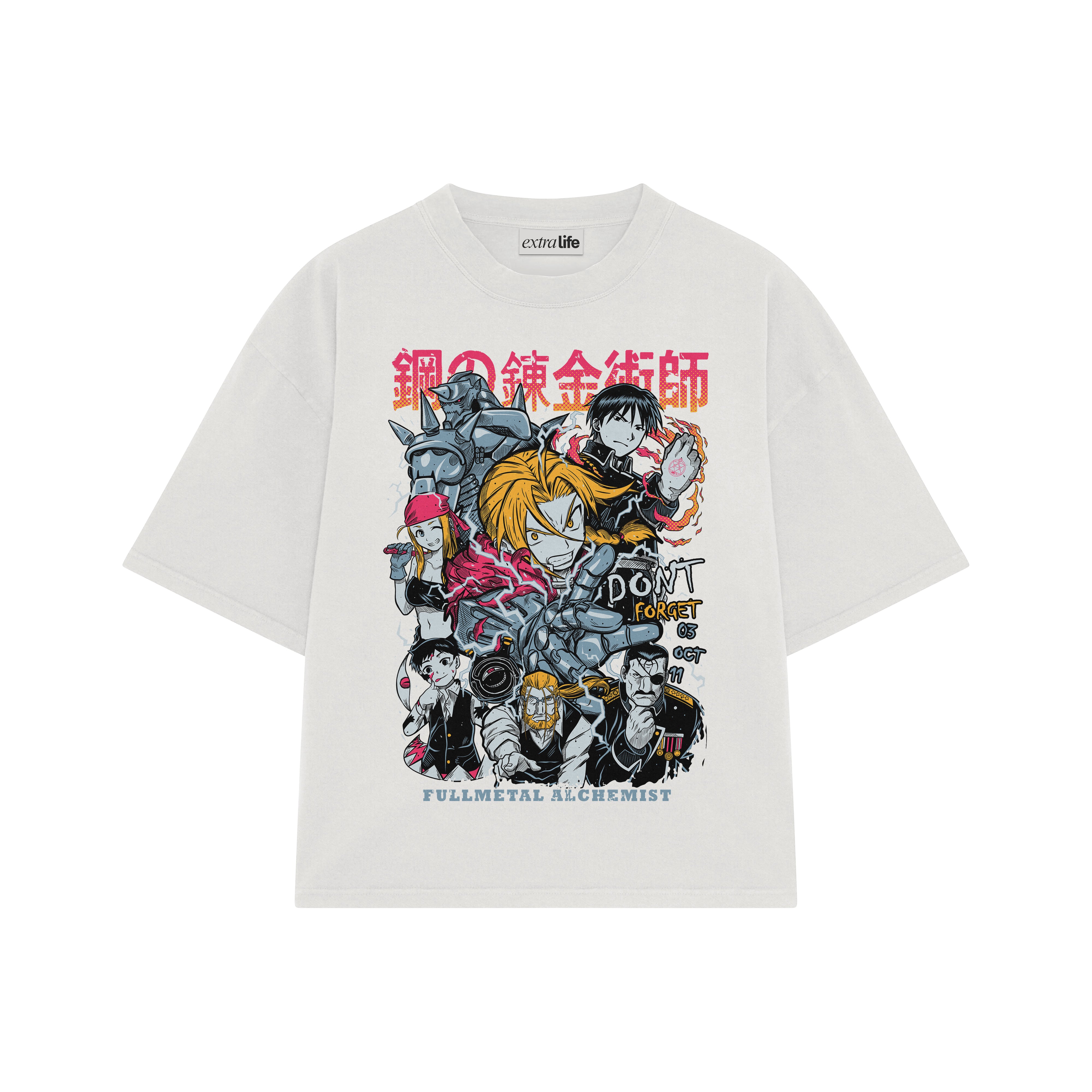 Playera streetwear premium de anime y gaming ExtraLife MX, corte boxy oversized drop shoulder heavyweight en color Deep Black y Off-White, moda urbana mexicana de culto.