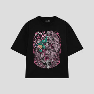 Playera streetwear premium de anime y gaming ExtraLife MX, corte boxy oversized drop shoulder heavyweight en color Deep Black y Off-White, moda urbana mexicana de culto.
