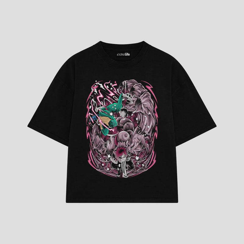 Playera streetwear premium de anime y gaming ExtraLife MX, corte boxy oversized drop shoulder heavyweight en color Deep Black y Off-White, moda urbana mexicana de culto.