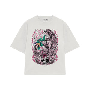 Playera streetwear premium de anime y gaming ExtraLife MX, corte boxy oversized drop shoulder heavyweight en color Deep Black y Off-White, moda urbana mexicana de culto.