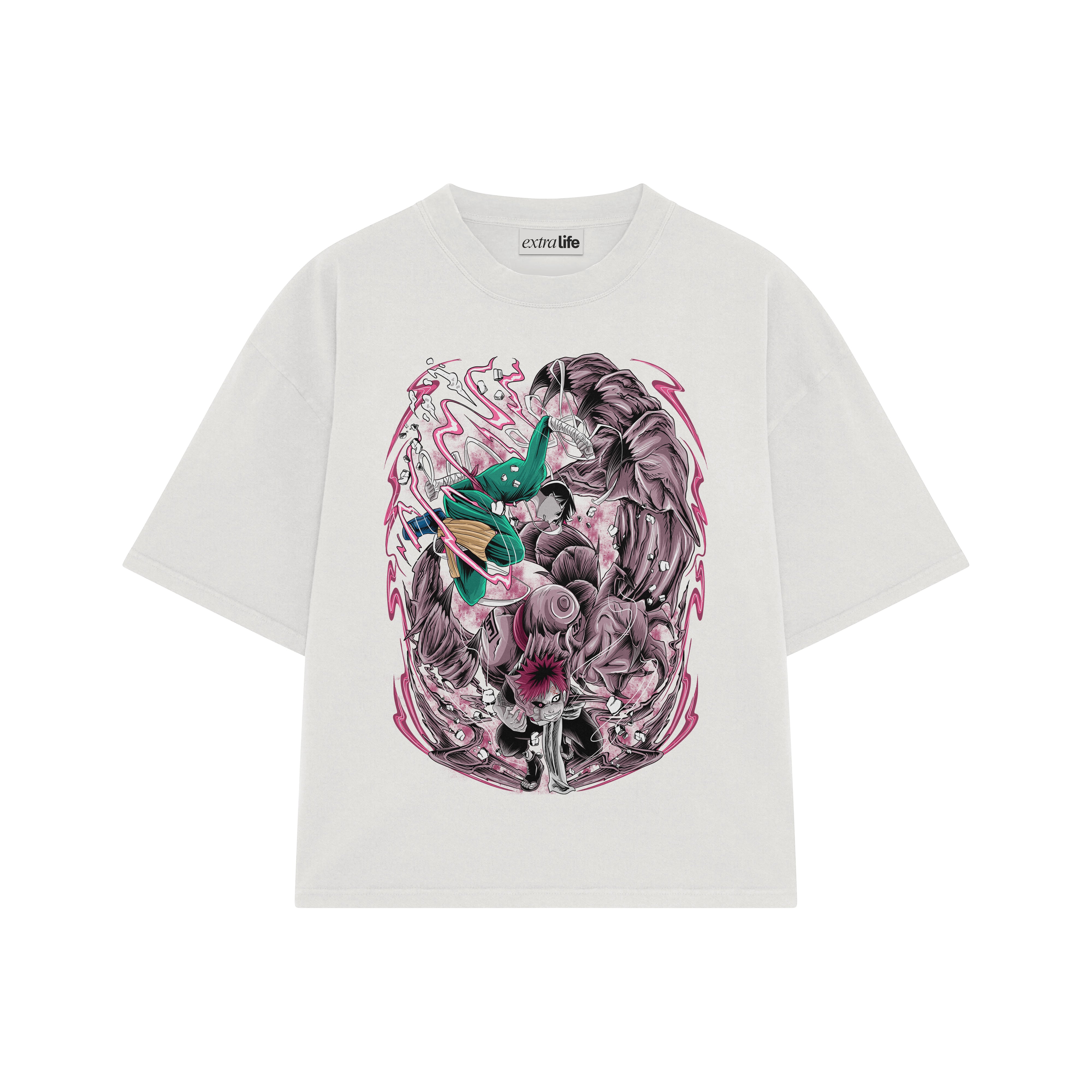 Playera streetwear premium de anime y gaming ExtraLife MX, corte boxy oversized drop shoulder heavyweight en color Deep Black y Off-White, moda urbana mexicana de culto.