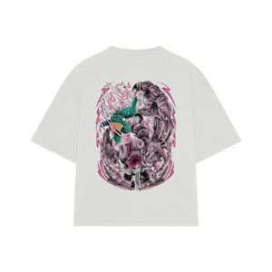 Playera streetwear premium de anime y gaming ExtraLife MX, corte boxy oversized drop shoulder heavyweight en color Deep Black y Off-White, moda urbana mexicana de culto.