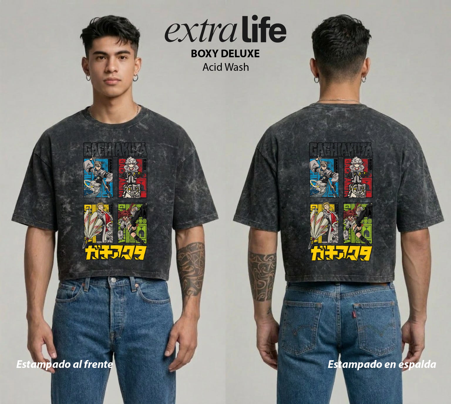 Playera streetwear premium de anime y gaming ExtraLife MX, corte boxy deluxe mineral wash heavyweight en color Acid Wash, moda urbana mexicana de culto.