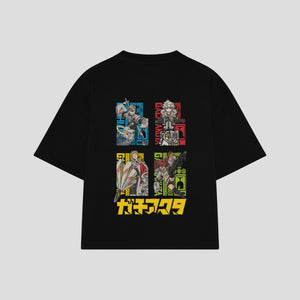 Playera streetwear premium de anime y gaming ExtraLife MX, corte boxy oversized drop shoulder heavyweight en color Deep Black y Off-White, moda urbana mexicana de culto.