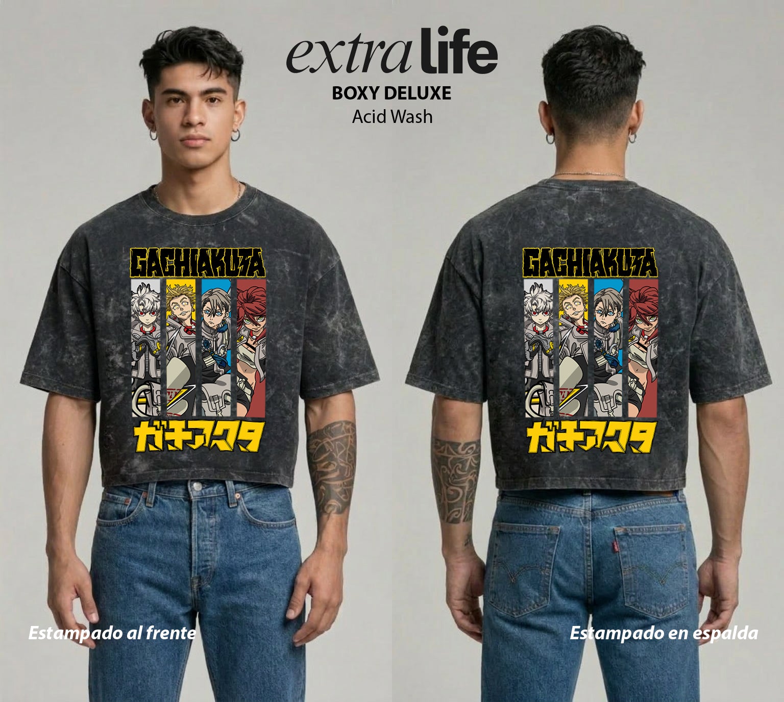 Playera streetwear premium de anime y gaming ExtraLife MX, corte boxy deluxe mineral wash heavyweight en color Acid Wash, moda urbana mexicana de culto.