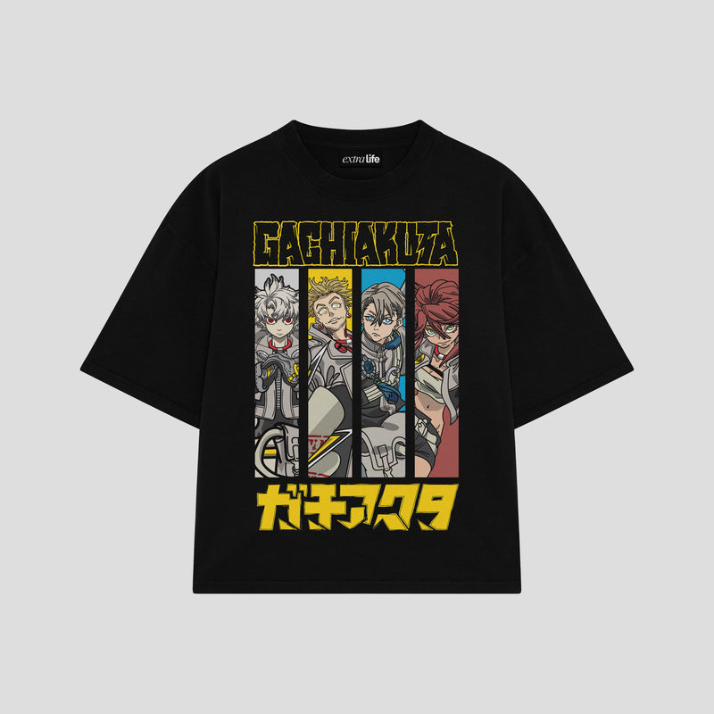Playera streetwear premium de anime y gaming ExtraLife MX, corte boxy oversized drop shoulder heavyweight en color Deep Black y Off-White, moda urbana mexicana de culto.