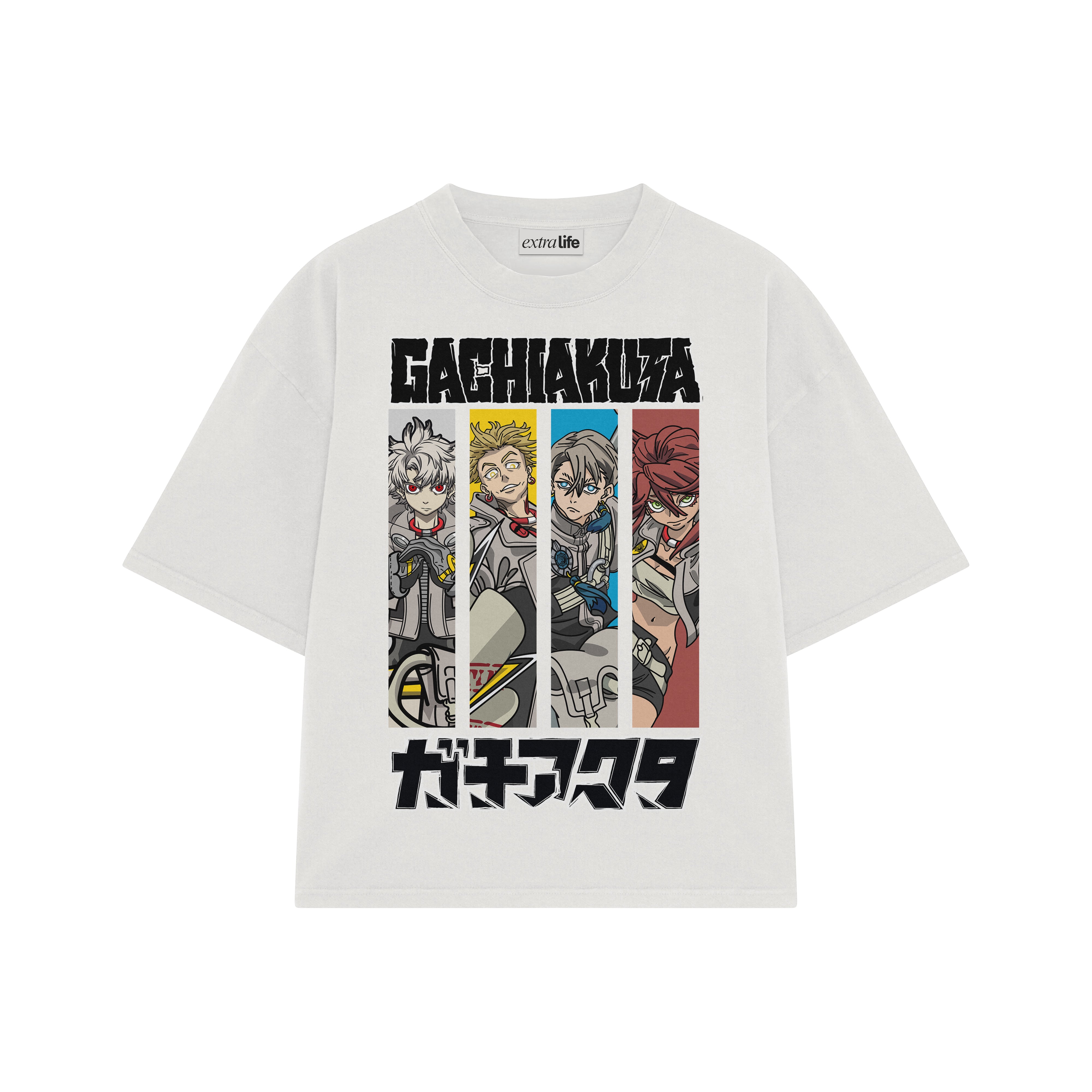 Playera streetwear premium de anime y gaming ExtraLife MX, corte boxy oversized drop shoulder heavyweight en color Deep Black y Off-White, moda urbana mexicana de culto.