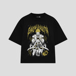Playera streetwear premium de anime y gaming ExtraLife MX, corte boxy oversized drop shoulder heavyweight en color Deep Black y Off-White, moda urbana mexicana de culto.