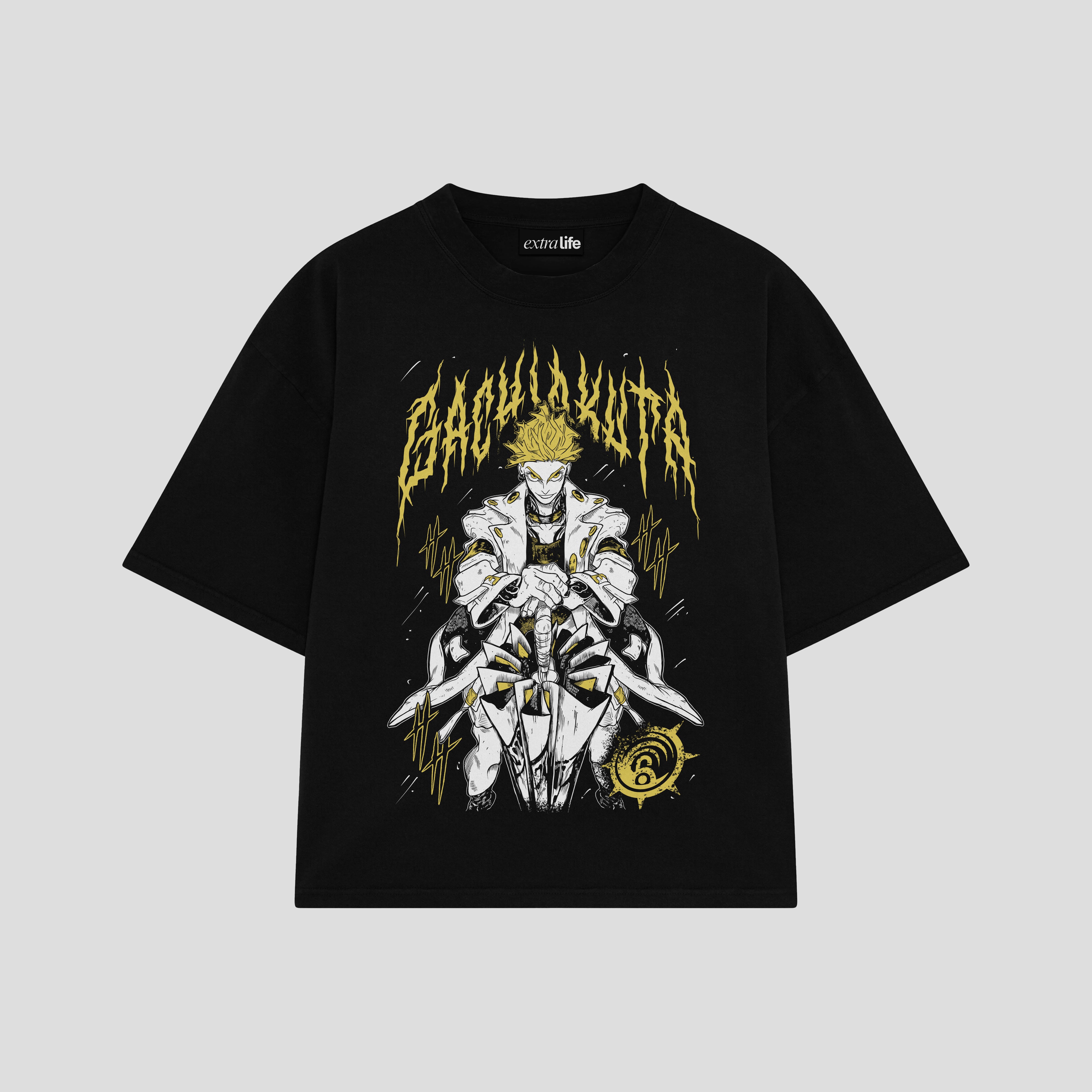 Playera streetwear premium de anime y gaming ExtraLife MX, corte boxy oversized drop shoulder heavyweight en color Deep Black y Off-White, moda urbana mexicana de culto.