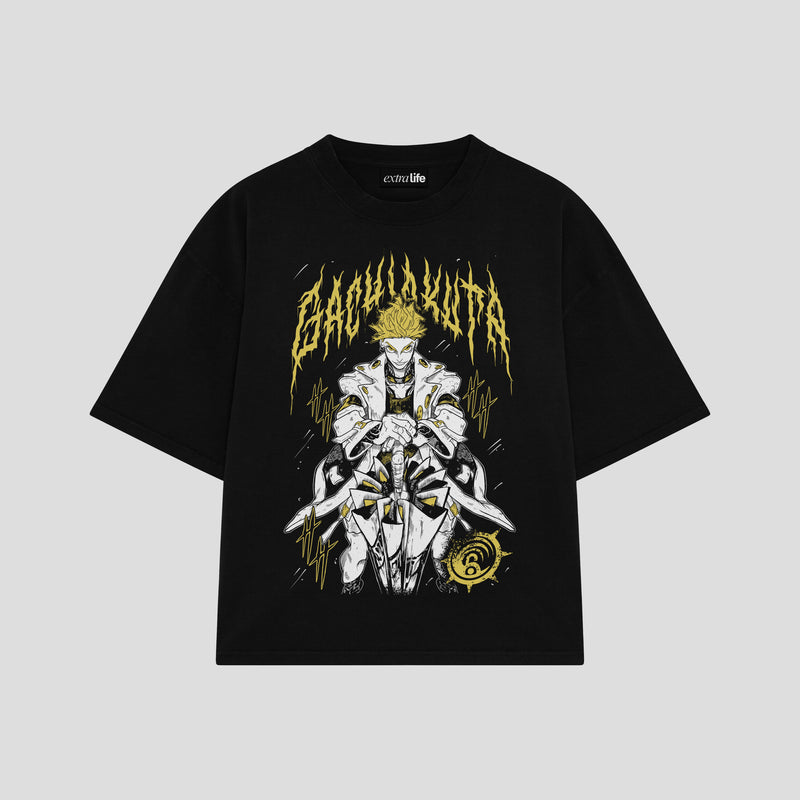 Playera streetwear premium de anime y gaming ExtraLife MX, corte boxy oversized drop shoulder heavyweight en color Deep Black y Off-White, moda urbana mexicana de culto.