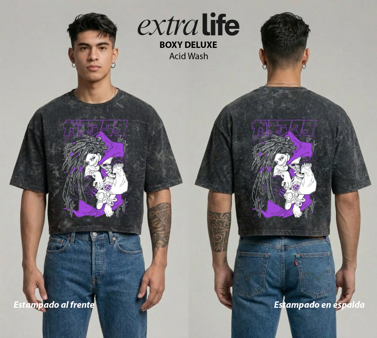 Playera streetwear premium de anime y gaming ExtraLife MX, corte boxy deluxe mineral wash heavyweight en color Acid Wash, moda urbana mexicana de culto.