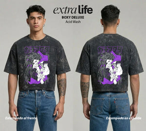 Playera streetwear premium de anime y gaming ExtraLife MX, corte boxy deluxe mineral wash heavyweight en color Acid Wash, moda urbana mexicana de culto.