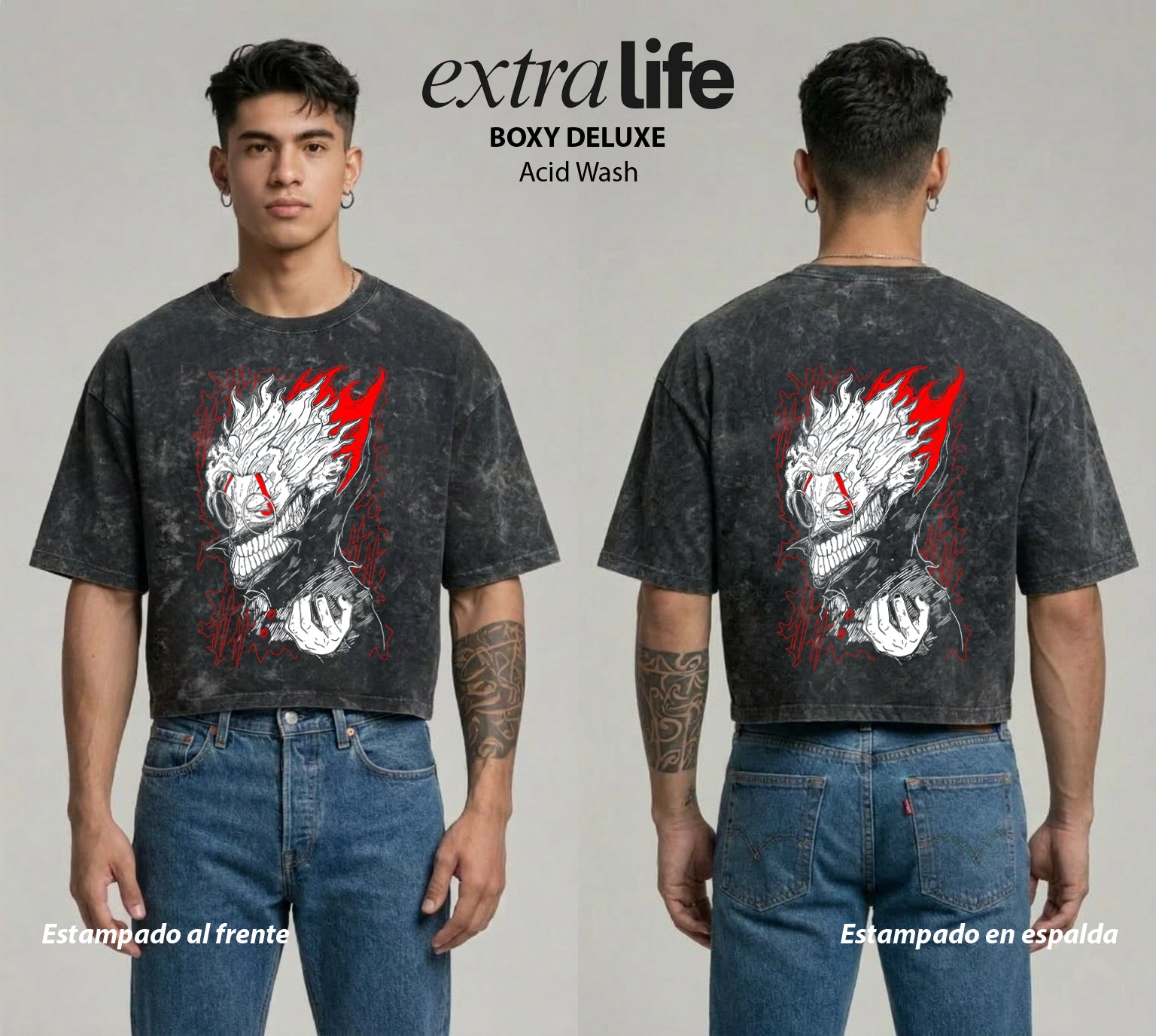 Playera streetwear premium de anime y gaming ExtraLife MX, corte boxy deluxe mineral wash heavyweight en color Acid Wash, moda urbana mexicana de culto.