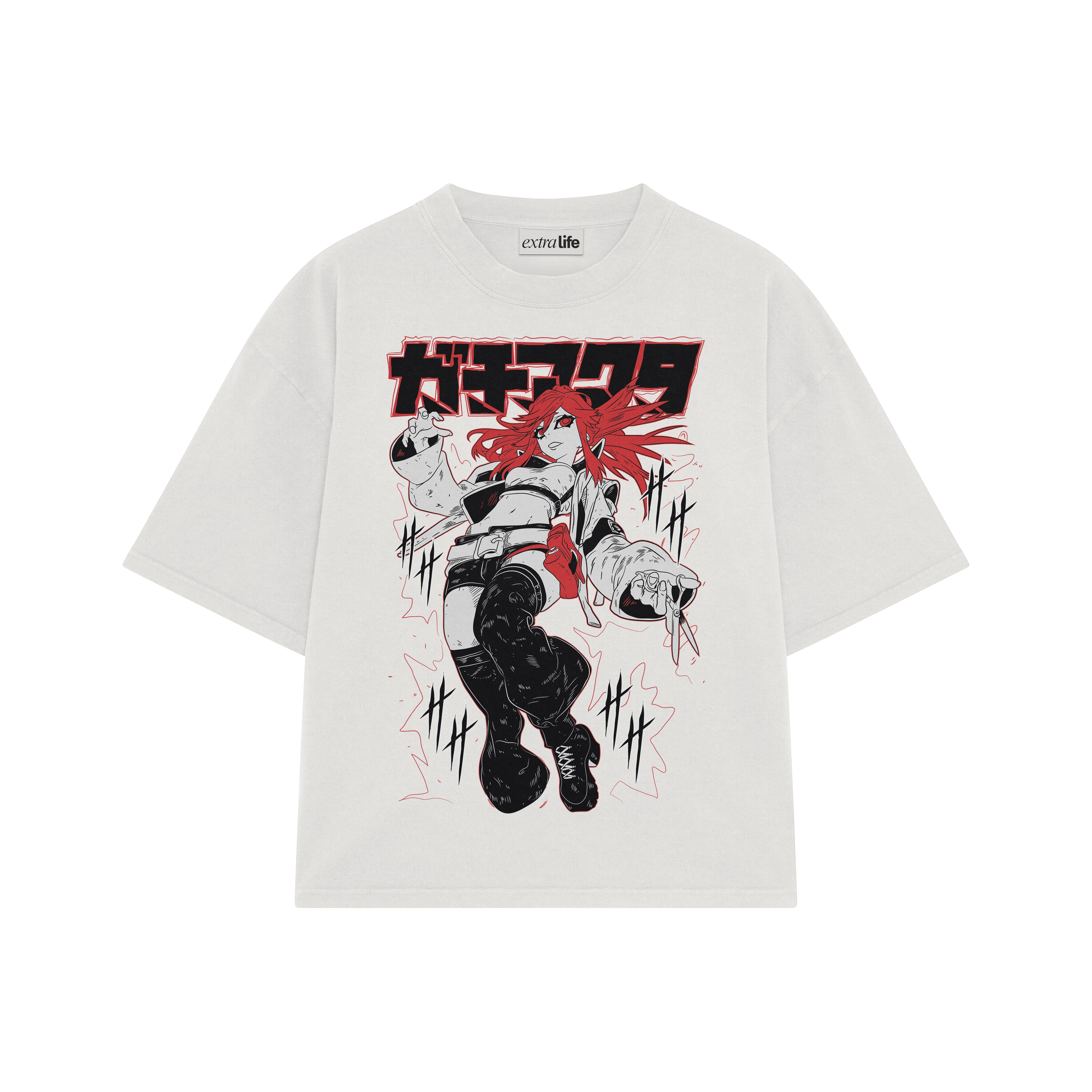 Playera streetwear premium de anime y gaming ExtraLife MX, corte boxy oversized drop shoulder heavyweight en color Deep Black y Off-White, moda urbana mexicana de culto.