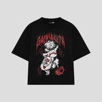 Playera streetwear premium de anime y gaming ExtraLife MX, corte boxy oversized drop shoulder heavyweight en color Deep Black y Off-White, moda urbana mexicana de culto.