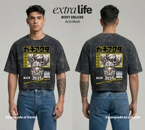 Playera streetwear premium de anime y gaming ExtraLife MX, corte boxy deluxe mineral wash heavyweight en color Acid Wash, moda urbana mexicana de culto.