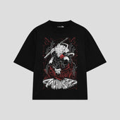 Playera streetwear premium de anime y gaming ExtraLife MX, corte boxy oversized drop shoulder heavyweight en color Deep Black y Off-White, moda urbana mexicana de culto.