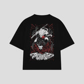 Playera streetwear premium de anime y gaming ExtraLife MX, corte boxy oversized drop shoulder heavyweight en color Deep Black y Off-White, moda urbana mexicana de culto.