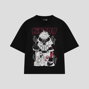 Playera streetwear premium de anime y gaming ExtraLife MX, corte boxy oversized drop shoulder heavyweight en color Deep Black y Off-White, moda urbana mexicana de culto.