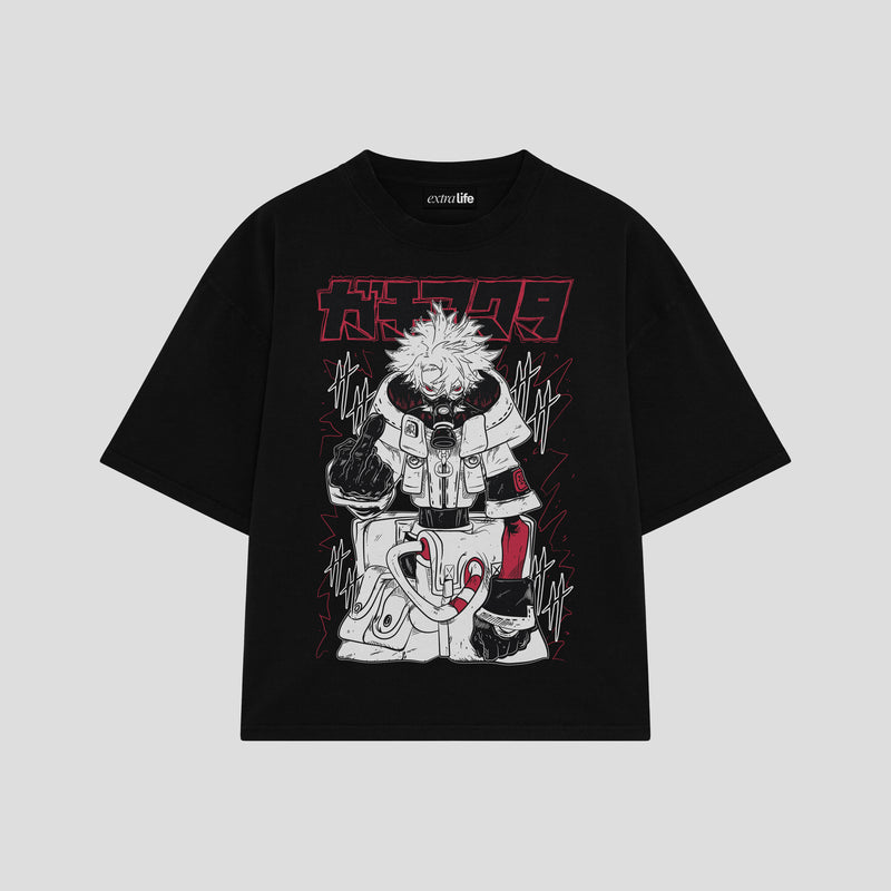 Playera streetwear premium de anime y gaming ExtraLife MX, corte boxy oversized drop shoulder heavyweight en color Deep Black y Off-White, moda urbana mexicana de culto.