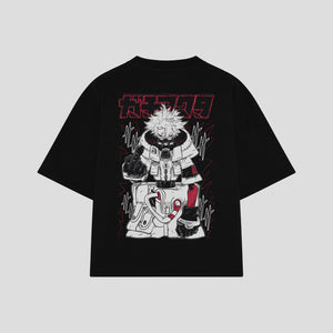 Playera streetwear premium de anime y gaming ExtraLife MX, corte boxy oversized drop shoulder heavyweight en color Deep Black y Off-White, moda urbana mexicana de culto.