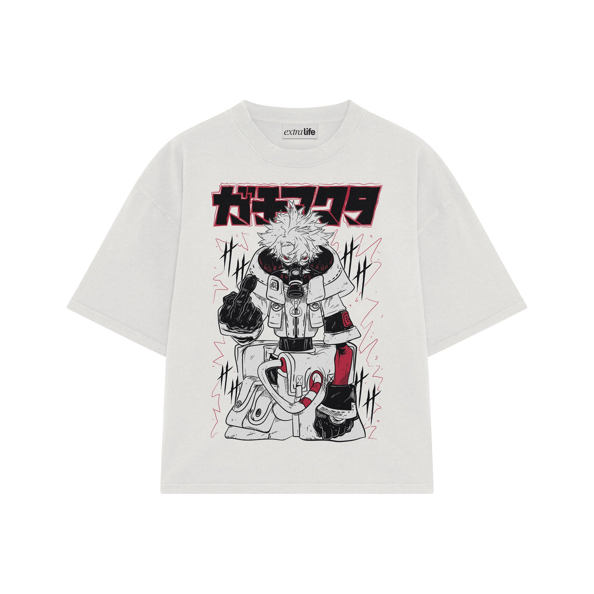 Playera streetwear premium de anime y gaming ExtraLife MX, corte oversized drop shoulder ligero y fresco en color Deep Black y Off-White, moda urbana mexicana de culto.
