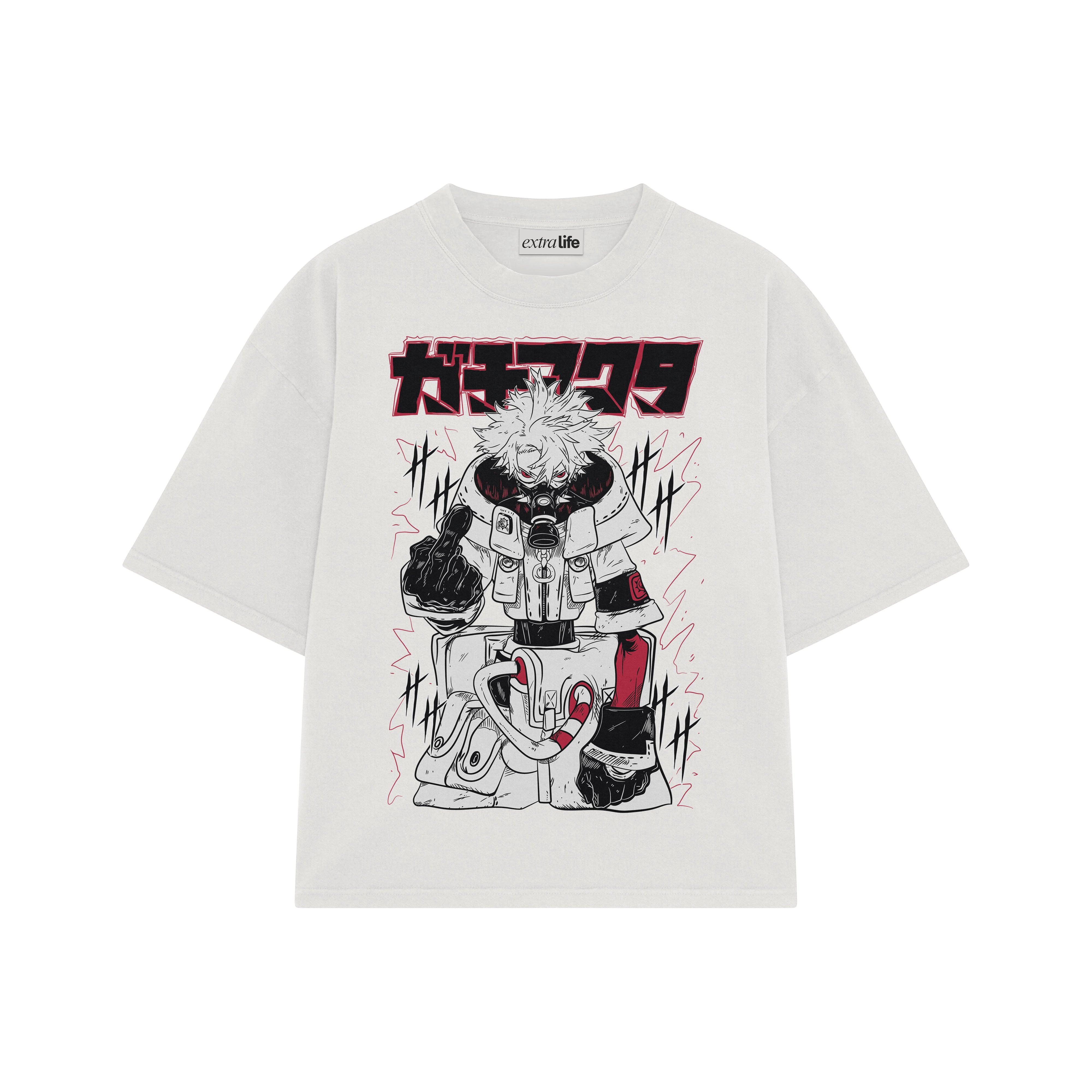 Playera streetwear premium de anime y gaming ExtraLife MX, corte boxy oversized drop shoulder heavyweight en color Deep Black y Off-White, moda urbana mexicana de culto.