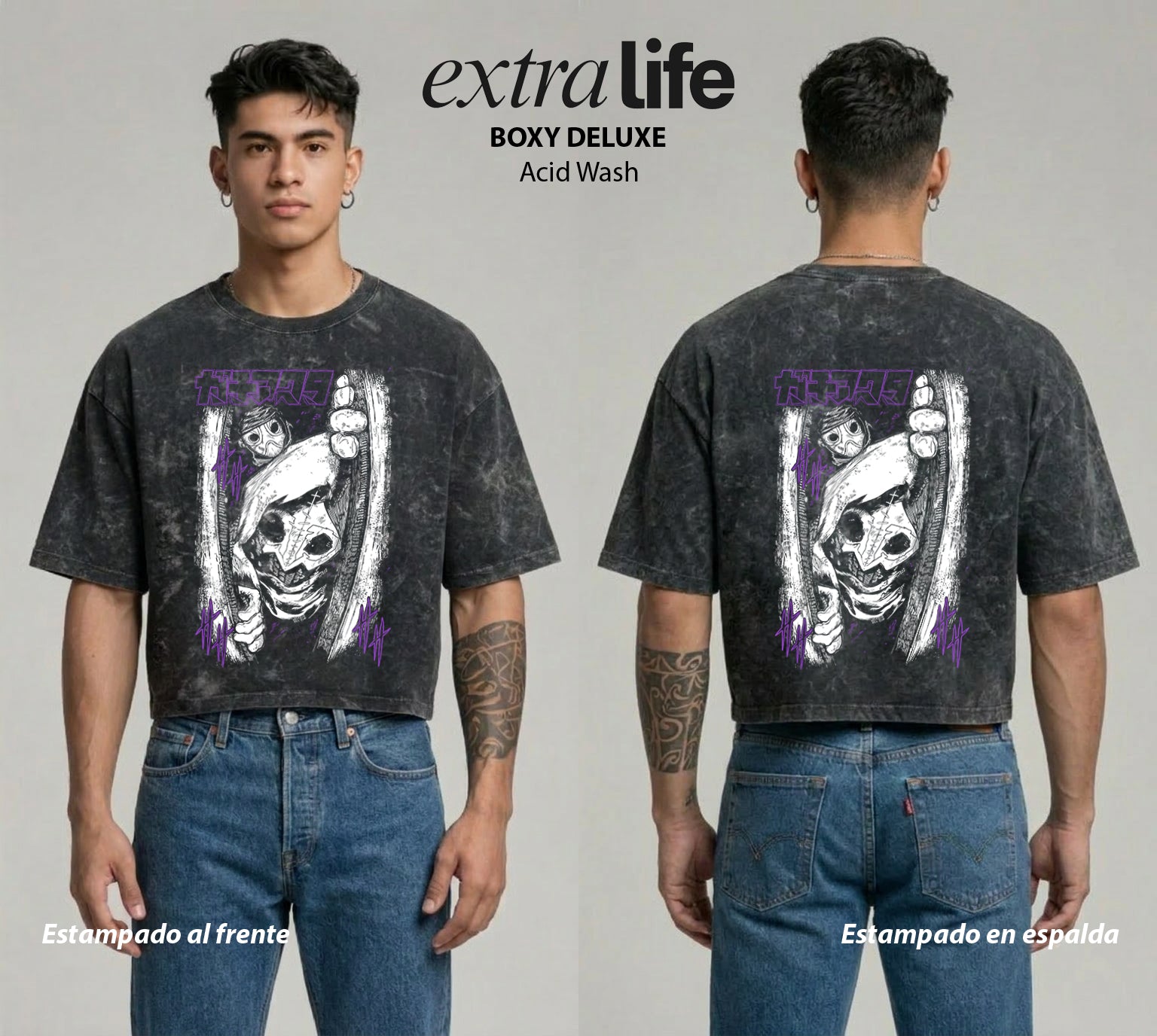 Playera streetwear premium de anime y gaming ExtraLife MX, corte boxy deluxe mineral wash heavyweight en color Acid Wash, moda urbana mexicana de culto.