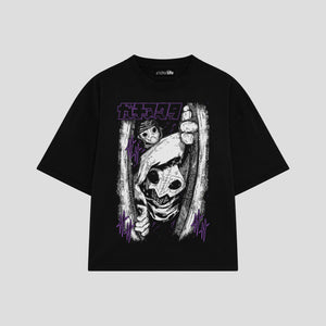 Playera streetwear premium de anime y gaming ExtraLife MX, corte boxy oversized drop shoulder heavyweight en color Deep Black y Off-White, moda urbana mexicana de culto.