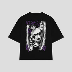 Playera streetwear premium de anime y gaming ExtraLife MX, corte boxy oversized drop shoulder heavyweight en color Deep Black y Off-White, moda urbana mexicana de culto.