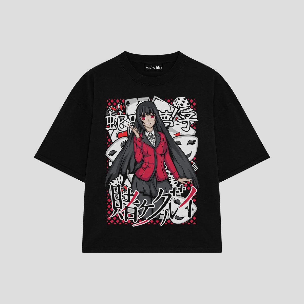 Playera streetwear premium de anime y gaming ExtraLife MX, corte oversized drop shoulder ligero y fresco en color Deep Black y Off-White, moda urbana mexicana de culto.