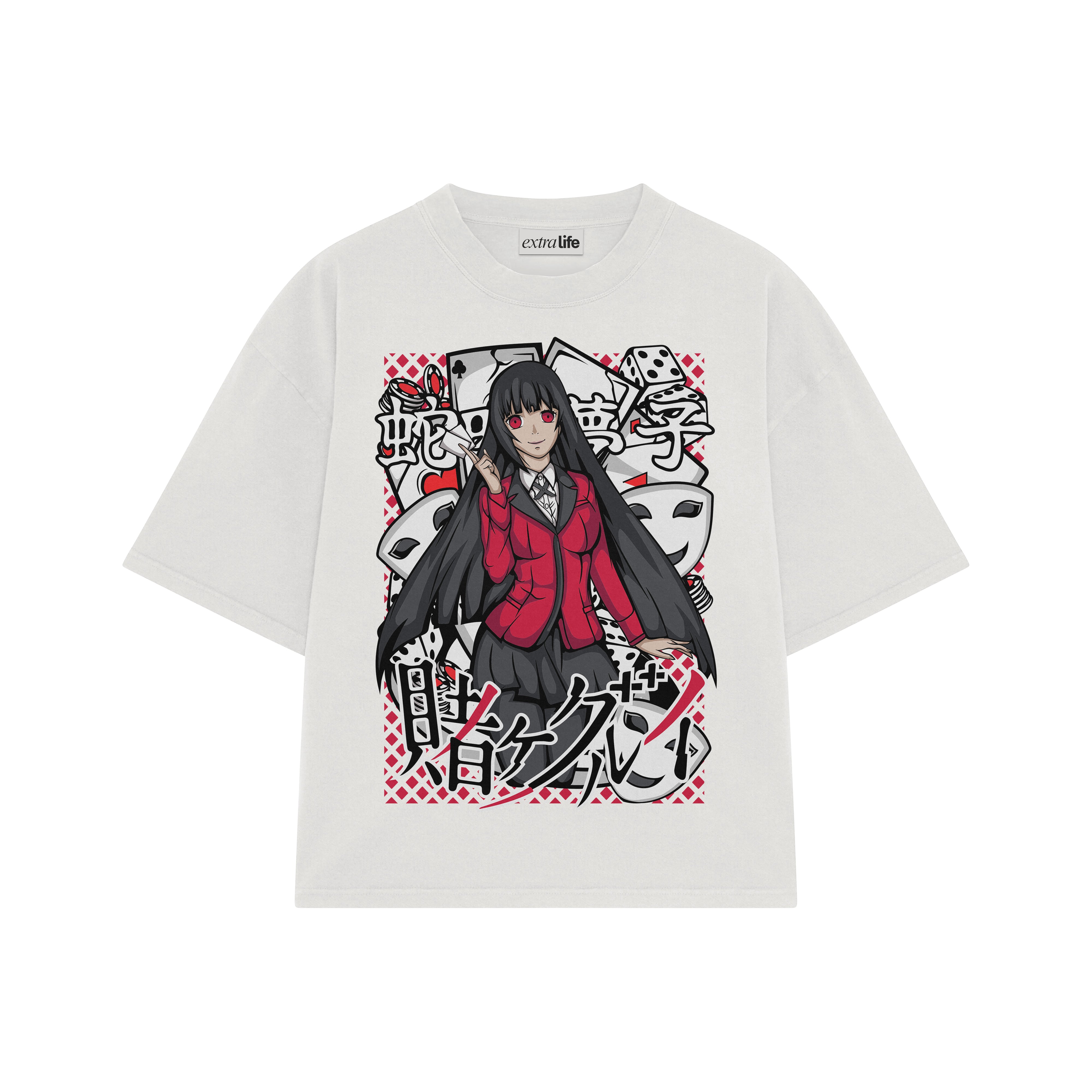 Playera streetwear premium de anime y gaming ExtraLife MX, corte boxy oversized drop shoulder heavyweight en color Deep Black y Off-White, moda urbana mexicana de culto.