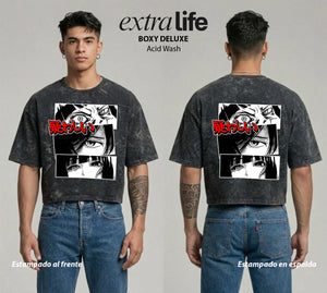 Playera streetwear premium de anime y gaming ExtraLife MX, corte boxy deluxe mineral wash heavyweight en color Acid Wash, moda urbana mexicana de culto.
