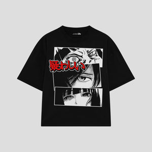 Playera streetwear premium de anime y gaming ExtraLife MX, corte boxy oversized drop shoulder heavyweight en color Deep Black y Off-White, moda urbana mexicana de culto.