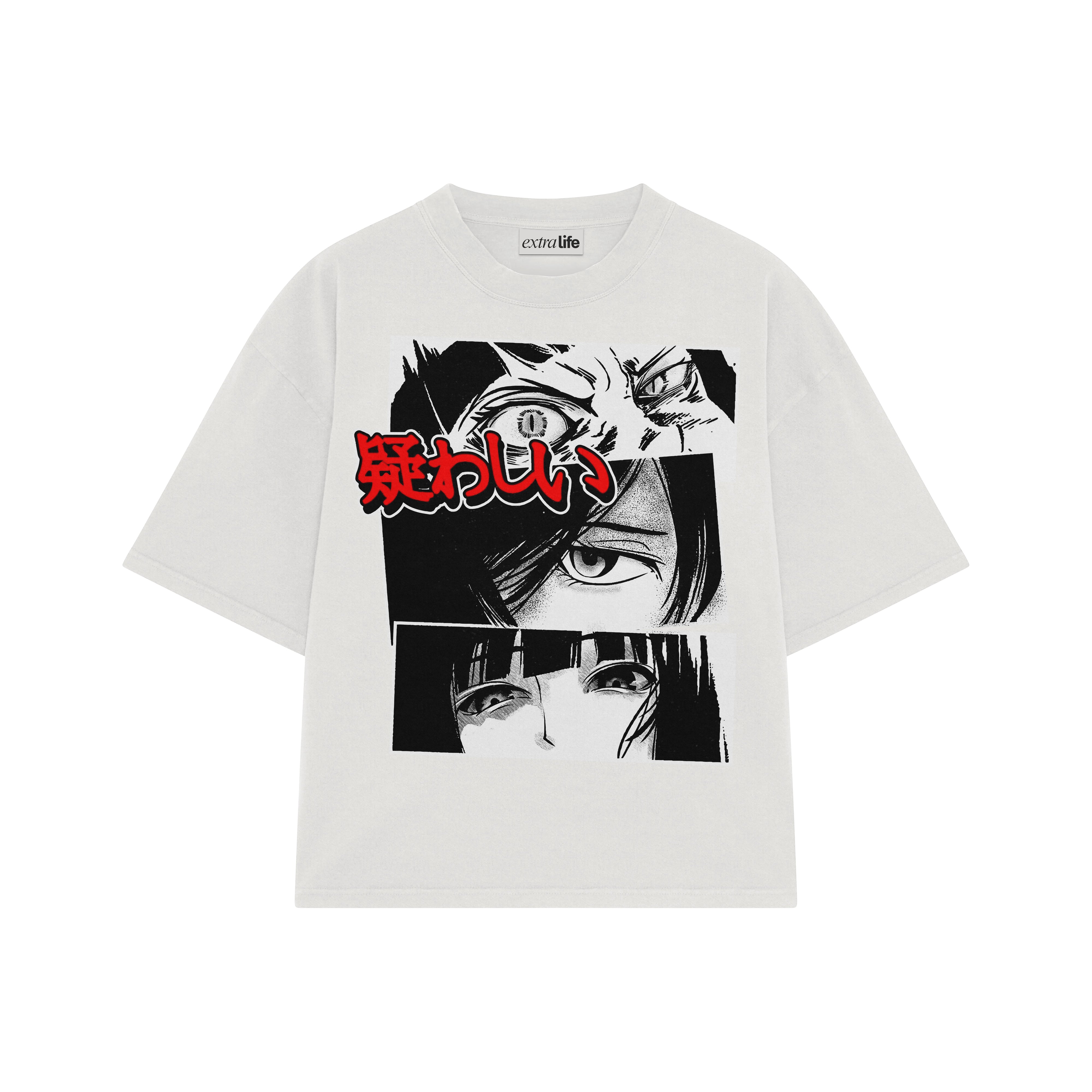 Playera streetwear premium de anime y gaming ExtraLife MX, corte boxy oversized drop shoulder heavyweight en color Deep Black y Off-White, moda urbana mexicana de culto.