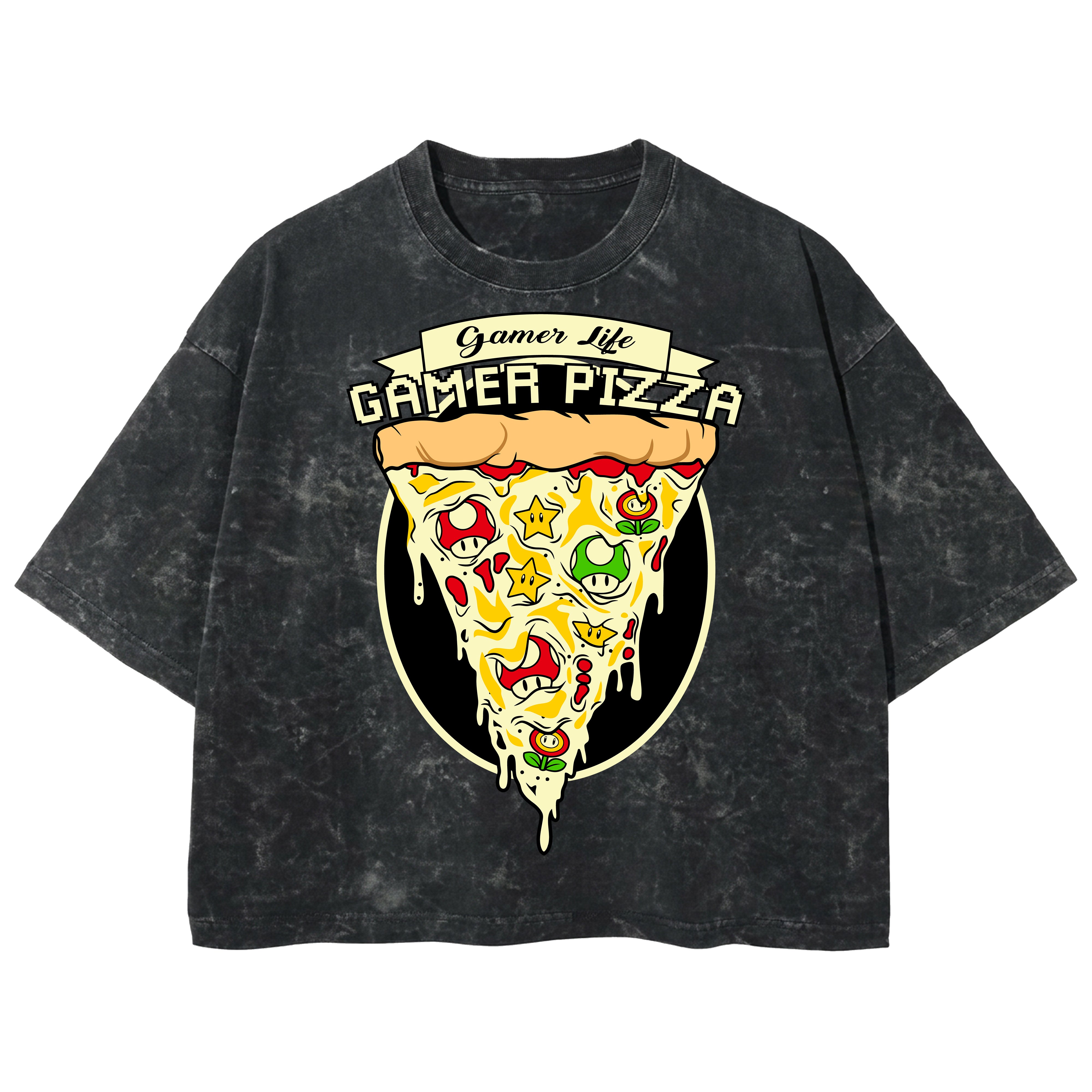 Playera streetwear premium de anime y gaming ExtraLife MX, corte boxy deluxe mineral wash heavyweight en color Acid Wash, moda urbana mexicana de culto.