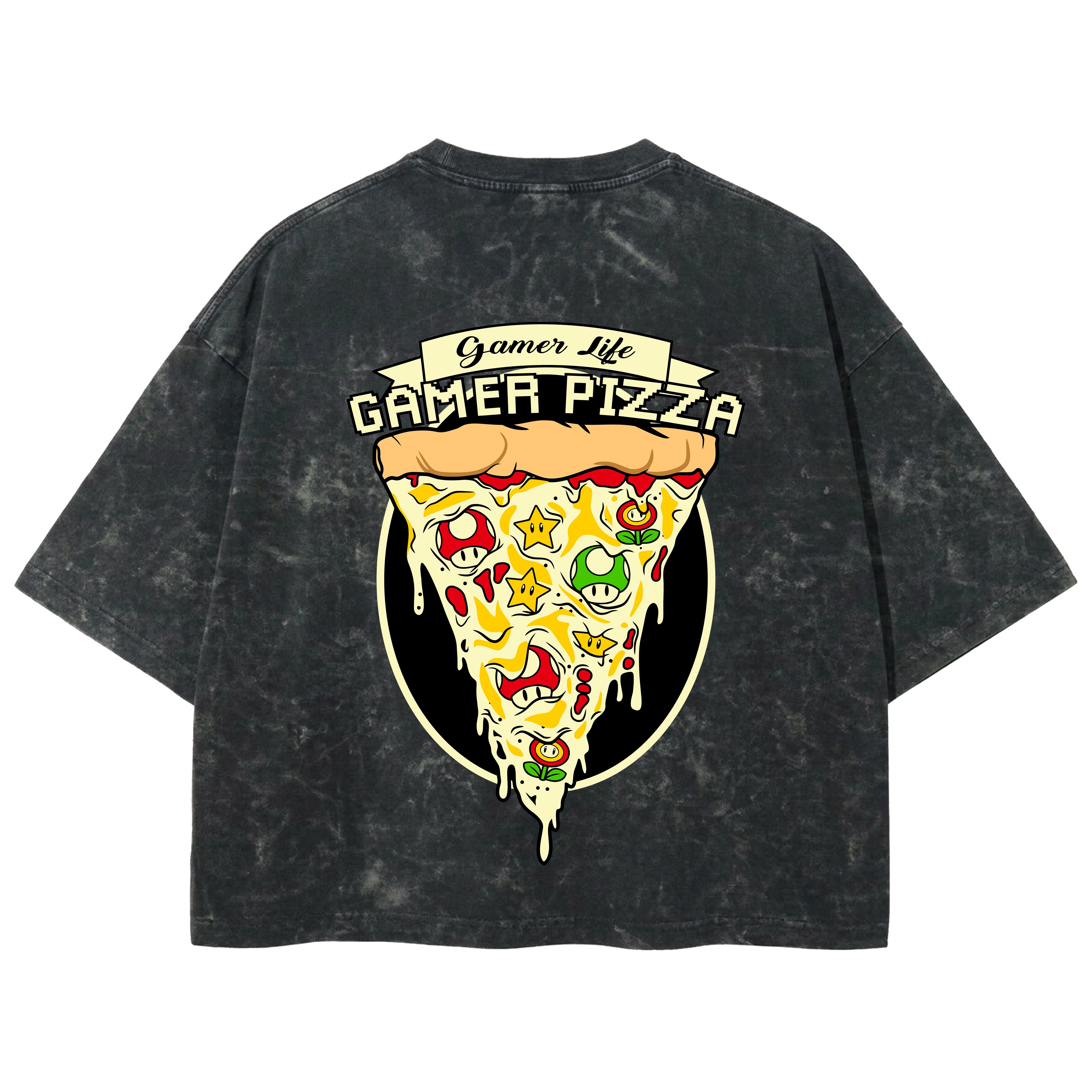 Playera streetwear premium de anime y gaming ExtraLife MX, corte boxy deluxe mineral wash heavyweight en color Acid Wash, moda urbana mexicana de culto.