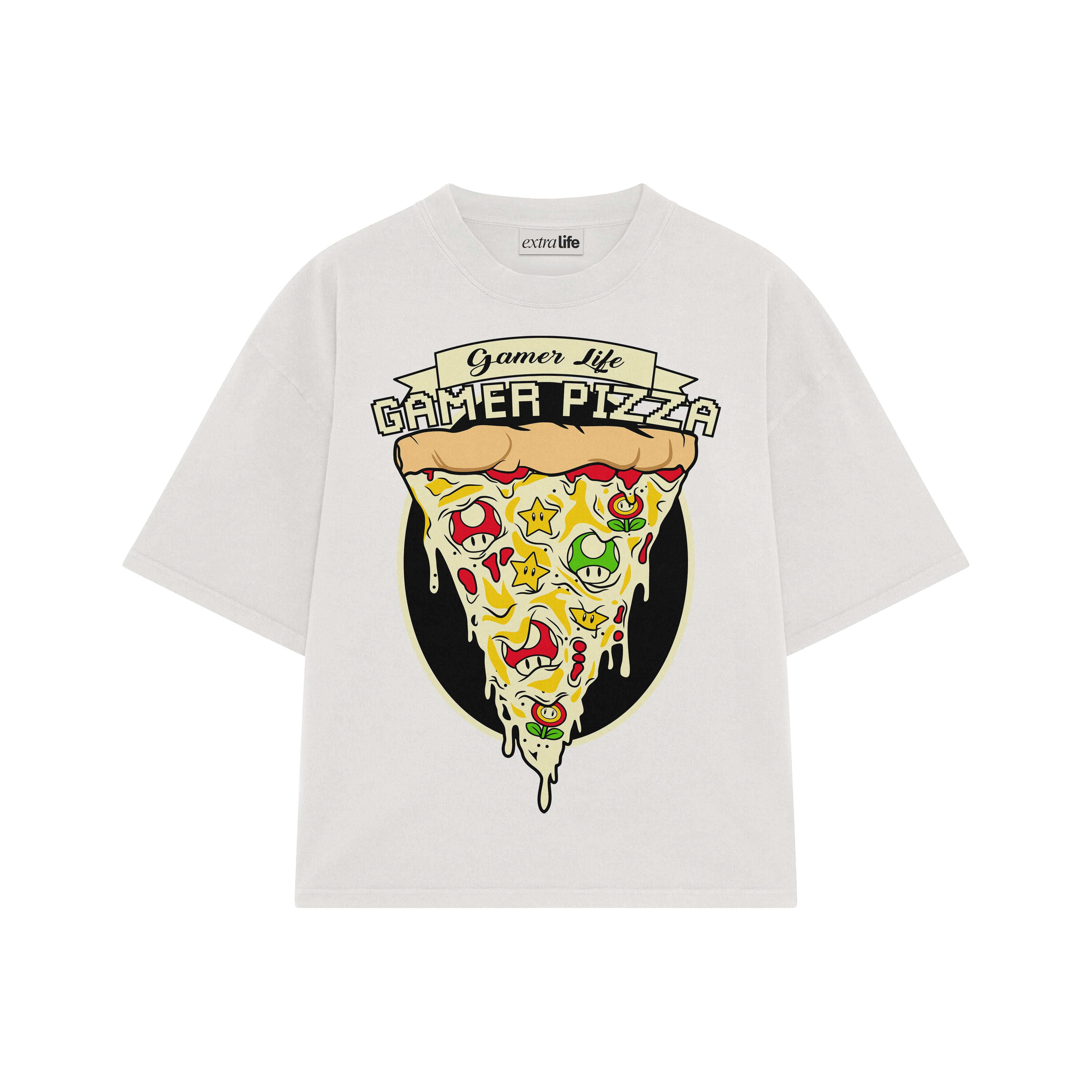 Playera streetwear premium de anime y gaming ExtraLife MX, corte boxy oversized drop shoulder heavyweight en color Deep Black y Off-White, moda urbana mexicana de culto.