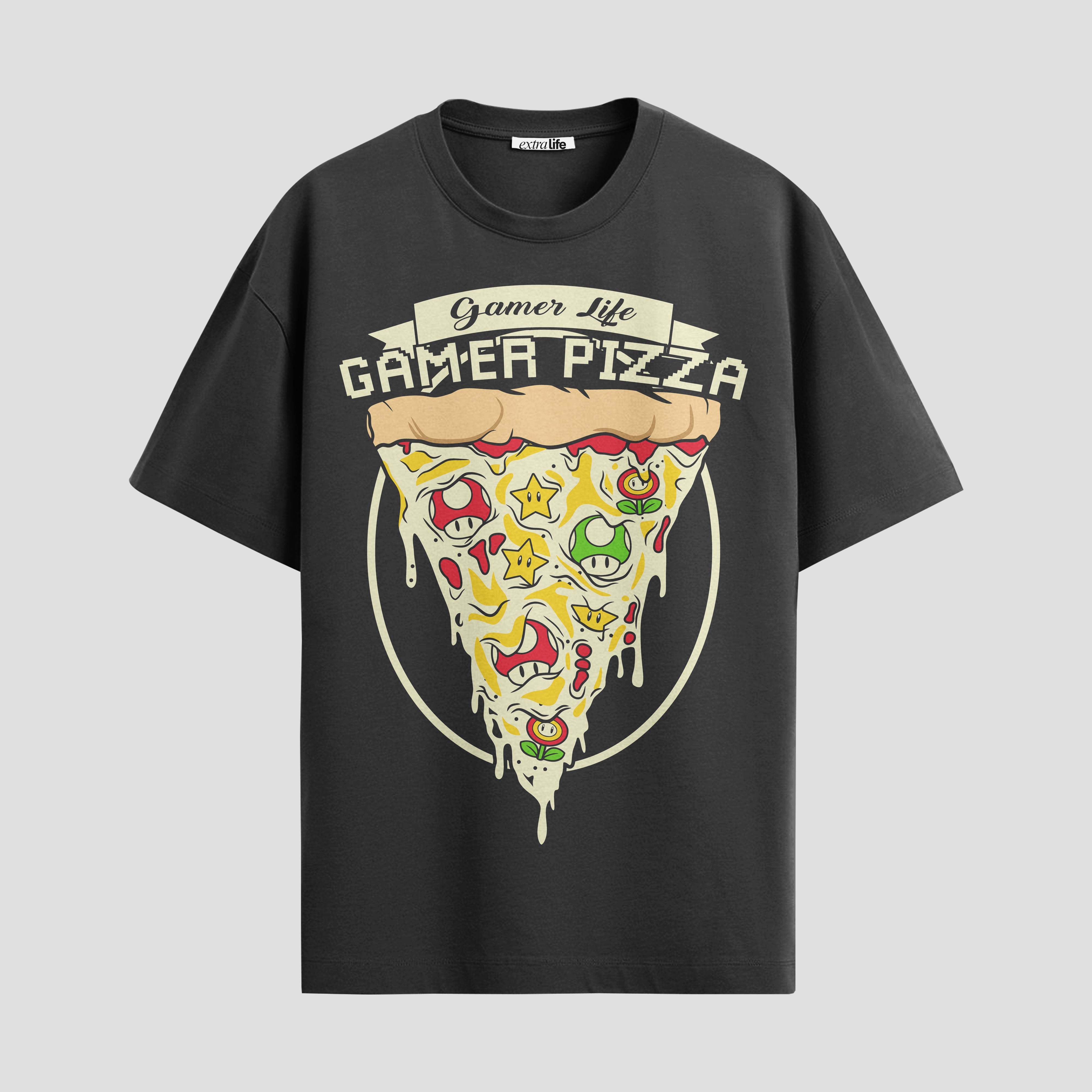Playera urbana de anime y gaming ExtraLife MX, corte Standard Fit unisex ligero y transpirable en color Deep Black y Pure White, ropa de uso diario para gym y casual.
