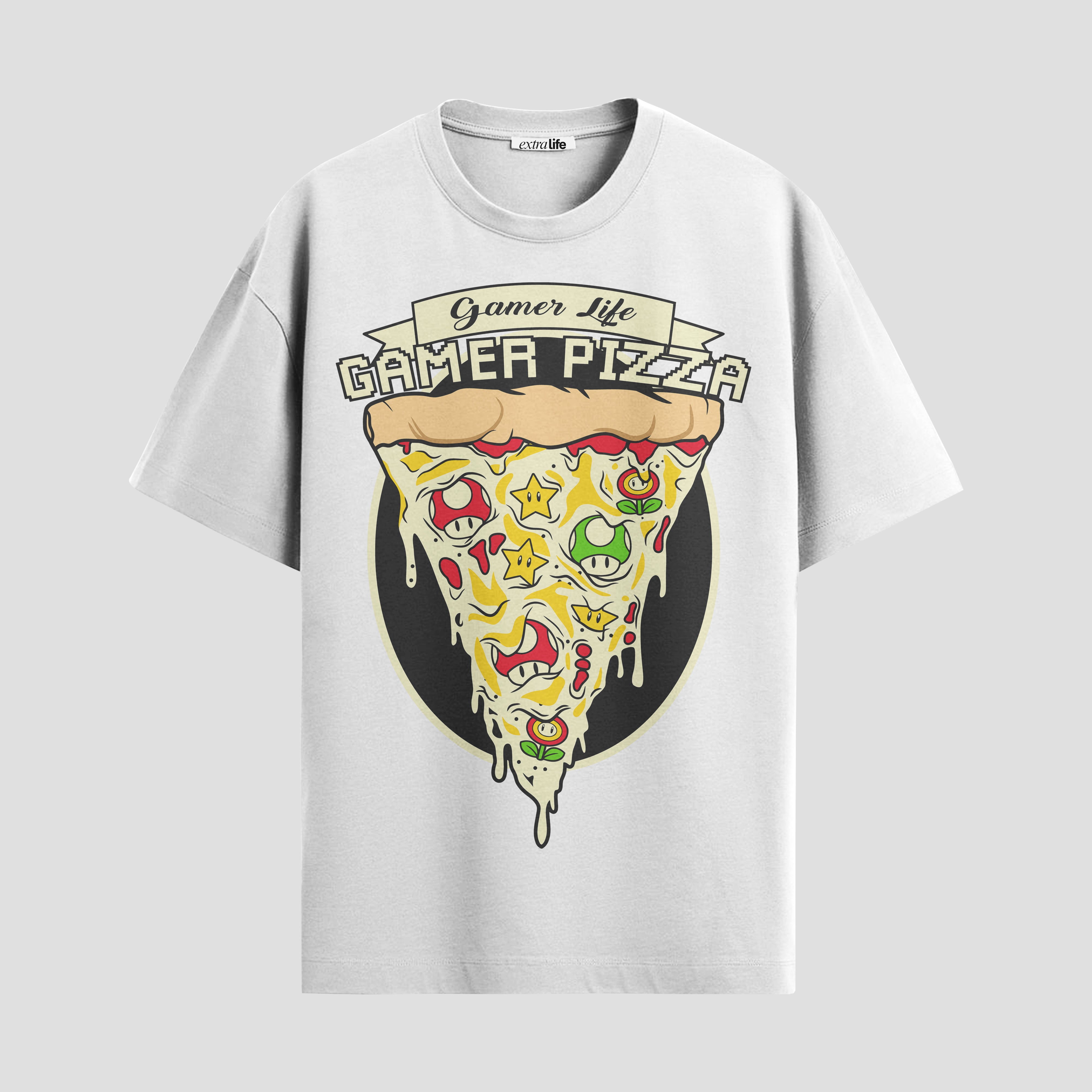 Playera urbana de anime y gaming ExtraLife MX, corte Standard Fit unisex ligero y transpirable en color Deep Black y Pure White, ropa de uso diario para gym y casual.