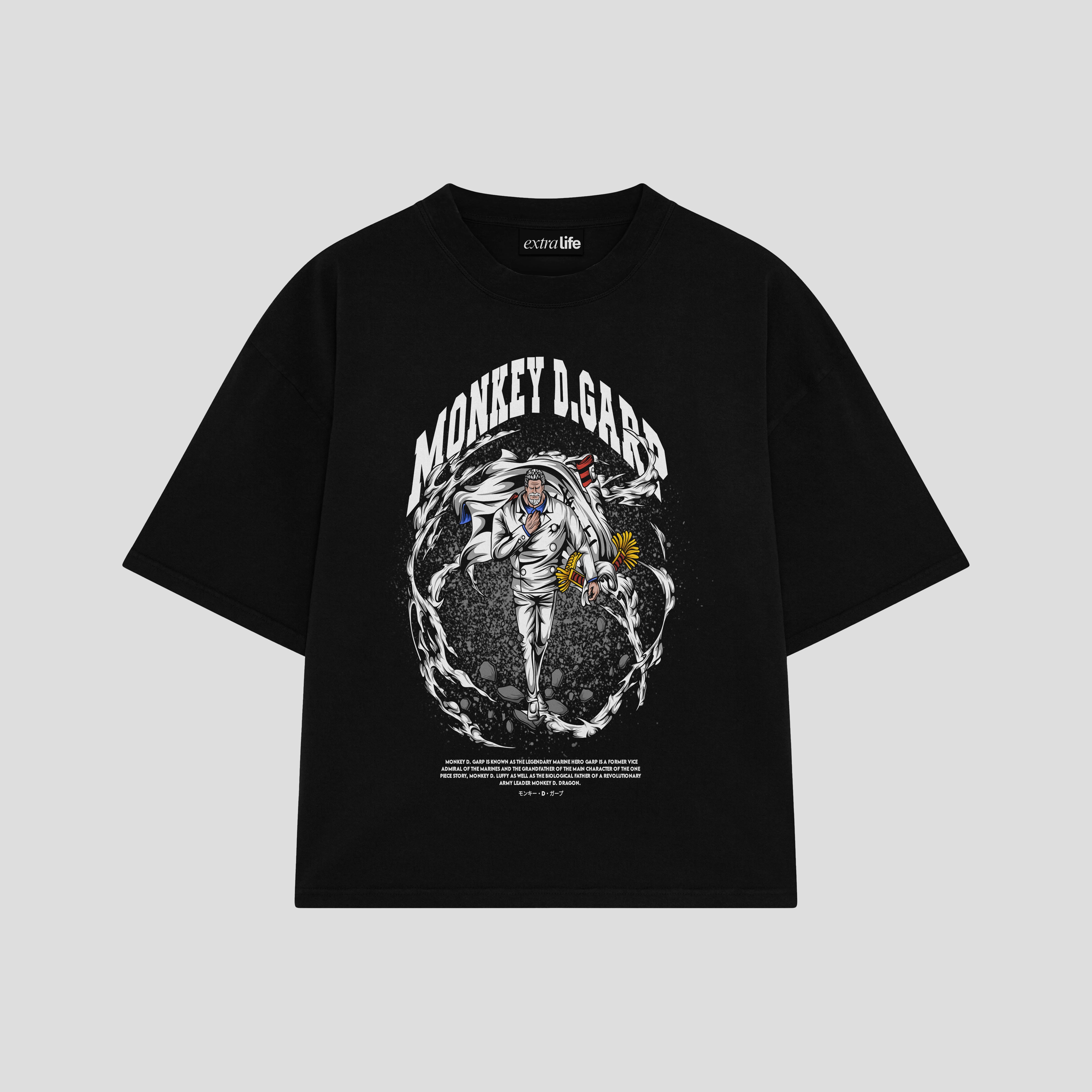 Playera streetwear premium de anime y gaming ExtraLife MX, corte boxy oversized drop shoulder heavyweight en color Deep Black y Off-White, moda urbana mexicana de culto.