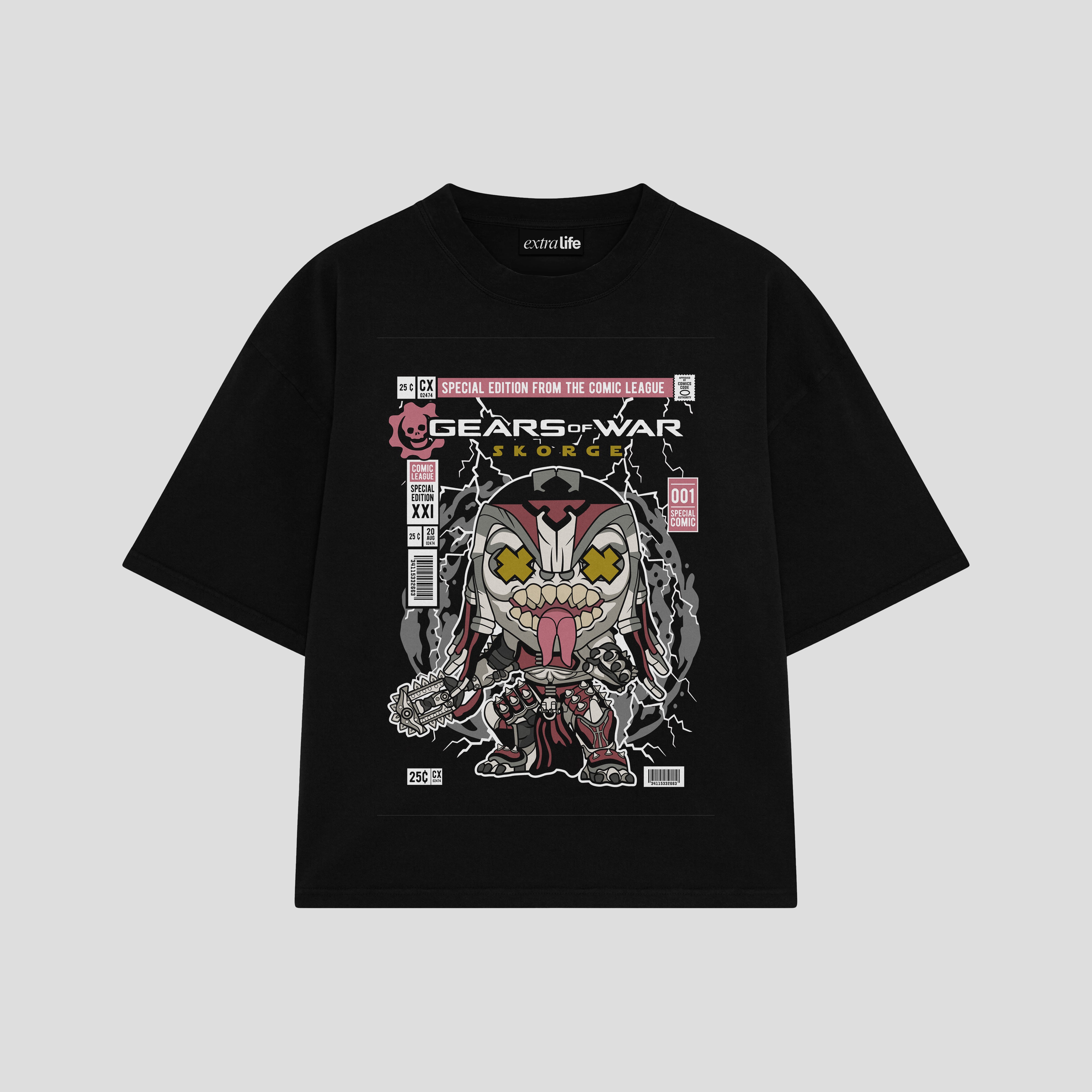 Playera streetwear premium de anime y gaming ExtraLife MX, corte boxy oversized drop shoulder heavyweight en color Deep Black y Off-White, moda urbana mexicana de culto.